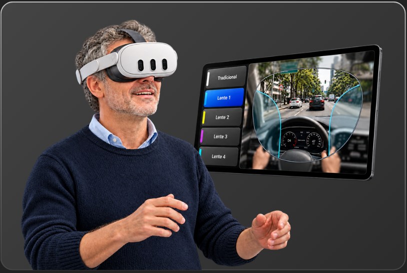 Cliente com óculos de realidade virtual e demonstrações de lentes em tablet